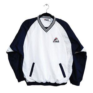 FILA Vintage Windbreaker Men XL White Mesh V-Neck Pullover Athletic Track Jacket